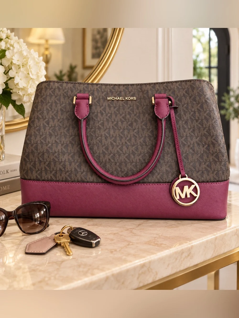 Michael Kors Savannah Large Signature Satchel Brown Burgundy / Plum Purse Bag